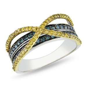 14k Multi colored Gold 1/2 CT TDW Yellow and Blue Diamond Criss Cross 
