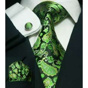 Mens Black Green Paisley 100% Silk Necktie Set TheDapperTie 51A