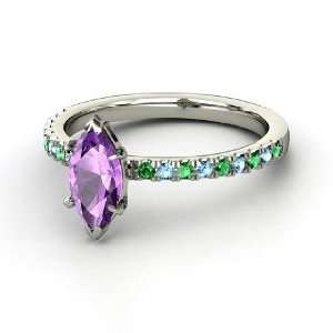 Cara Ring, Marquise Amethyst 14K White Gold Ring with Emerald & Blue 