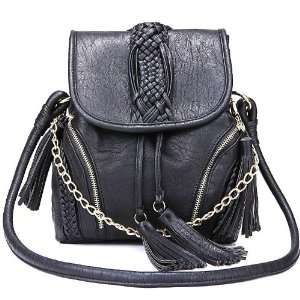   Crossbody Drawstring Bag Chain+Tassel+Woven Black 010476 Everything