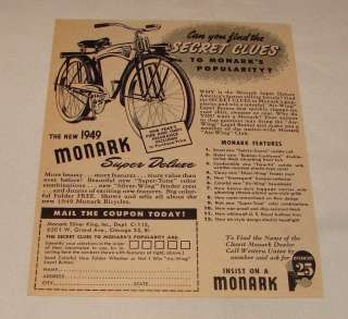 1949 MONARK SUPER DELUXE bicycle ad ~ Secret Clues b+w  