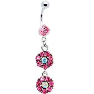  Elite Pink Double Cz Flower Dangle Belly Ring Jewelry