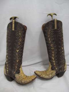 Dan Post Brown Leather/Cream Snakeskin Wood Heel Cowboy Boots 7A 