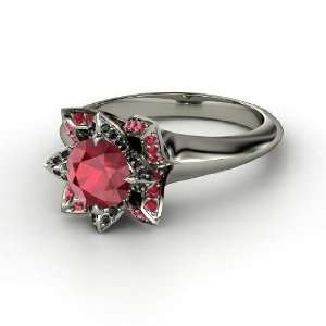   Ring, Round Ruby Platinum Ring with Black Diamond & Ruby Jewelry