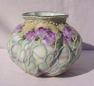 Oriental China Nippon Moriage Purple Lilacs Floral Bowl Vase  