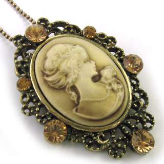 Luxury Antique Look Brown Cameo Brooch Pendant Necklace  