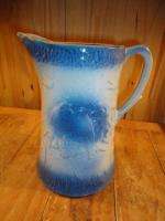 ANTIQUE STONEWARE BLUE BIRD PITCHER 8  DOUBLE SIDED  
