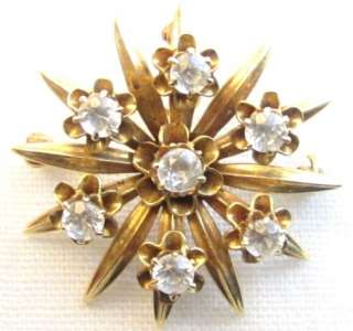   Victorian Old 14k Solid Gold Starburst Pin Brooch Pendant*Clear Stones
