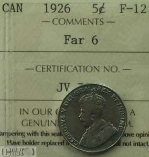 1926 Canada 5 Cents ICCS F 12; Far 6  