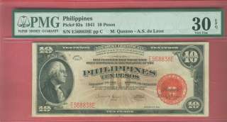 PHILIPPINES 1941 10 PESO TREAS. CERT. P 92a PMG VF30EPQ  