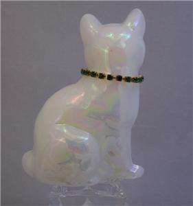 Fenton Art Glass Cat Green Rhinestone Collar Gaskins  