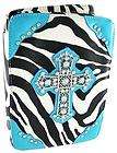 Zebra Print Bible Cover Rhinestone Cross Turquoise Trim Color BLACK