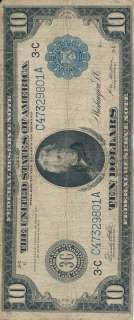 1913 $10 Federal Reserve Note, Blue Seal Large Size Ten Dollar US, 7 