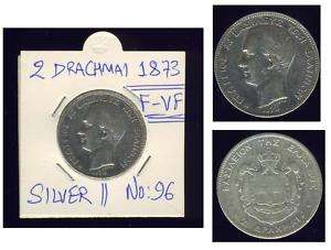 Greece. 2 Drachmai 1873 F VF, Silver Greek Coin, No: 96  