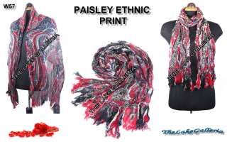 Navy Blue/Red Paisley Ethnic Wrinkle Crinkle 100% Wool Pashmina Shawl 