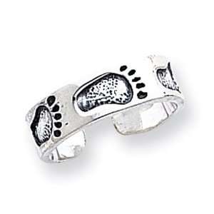   925 Sterling Silver Antiqued Footprints Solid Toe Ring Jewelry