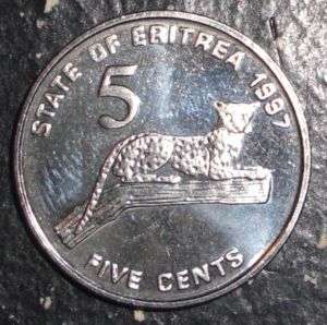 1997 Eritrea 5 cents Leopard cat animal wildlife coin  