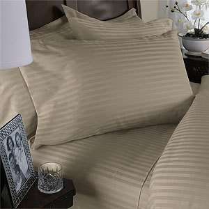 Beige Damask Stripe King Size FOUR [4] piece Bed Sheet Set 