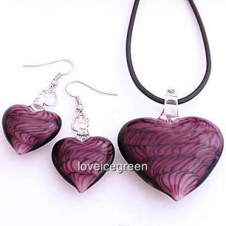 Purple Heart Lampwork Murano Glass Necklace Earring Set  