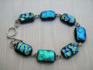   RIPPLE BLUE Bubble on black dichroic glass & silver handmade bracelet