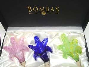 Bombay Art Glass Floral Wine Bottle Stoppers Set 3 New  