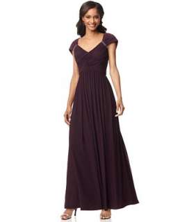Patra Dress, Cap Sleeve Ruched Empire Waist Beaded Evening Gown