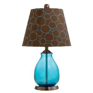  Blue Glass Table Lamp with Brown Print Shade