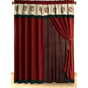 Modern Coffee Brown and Burgundy Red Embroidered Faux Silk Curtain 