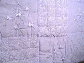 NEW WHITE HANDMADE FLORAL EMBROIDERY PATCHWORK KING QUILT SHABBY CHIC 
