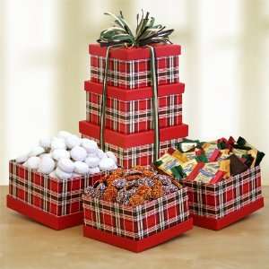 Red Tartan Plaid Gourmet Sweets Christmas Holiday Gift Tower  