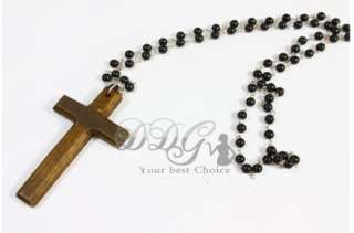 Wooden Cross Pendant VINTAGE Cool Long Beaded Necklace for Christmas 