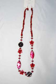 FASHION JEWELRY LONG NECKLACE AND EARRINGS SET RED  