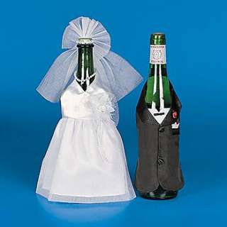 Satin BRIDE & GROOM WINE BOTTLE COVER Wedding Couple Tux Gown Set NEW 