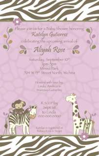   Baby Shower Invitation   Girl   Purple Monkey Zebra Giraffe  