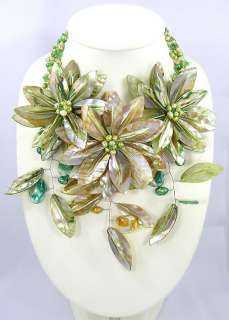 Yellow Green Mother of Pearl Shell Freshwater Pearl Flower Necklace 18 