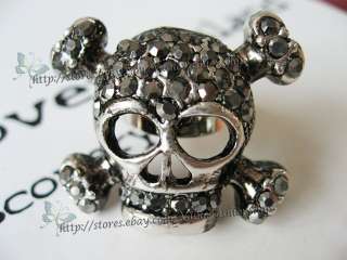 Womens Halloween Vintage Skull Crystal Rhinestone Punk Ring Silver 