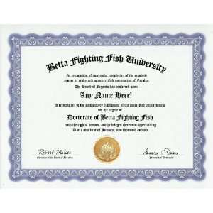 Betta Fighting Fish Degree Custom Gag Diploma Doctorate Certificate 