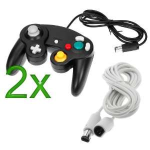   Controller Extension Cord + 2x Black Wired Controller for Nintendo Wii
