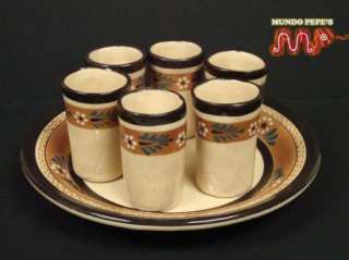 Mexican Ceramic Tequila Shot Glass Set w/Plate  
