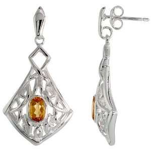  Earrings, w/ Oval Cut Natural Citrine Stones, 1 5/16 (33mm) tall