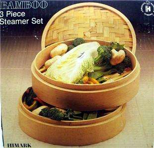 HIMARK 3 PIECE BAMBOO STEAMER SET WITH BOX AND INSTRUCTIONS PRE OWNED 