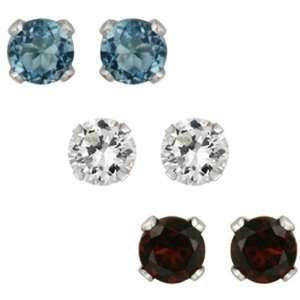   Garnet, London Blue Topaz, White Topaz Stud Earrings Set, 5mm Jewelry