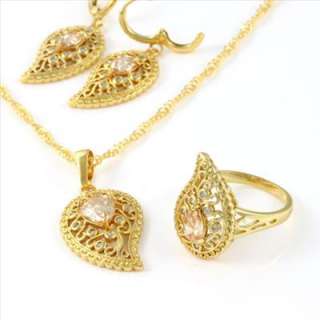 Classic24K gold GPCarved leaf Necklace,Earring,Ring Set  