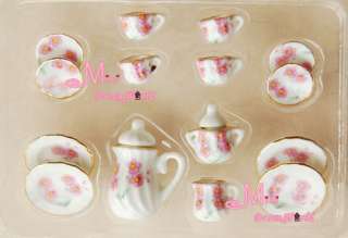 Dollhouse Pink Daisy porcelain China Tea Lid Pot Cups Set 15 PCS 