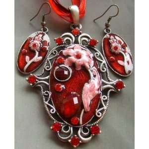  Red Crystal Enamel Alloy Metal Pendant Necklace Earrings 