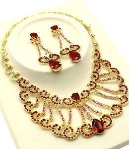 Elegant Red Swirl Crystal Necklace and Earring Set  