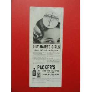  Packers pine tar shampoo, 1932 print ad(oily haired girls 