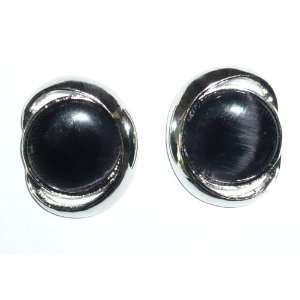  Black Button with Silverplated Pierced Earrings Jewelry