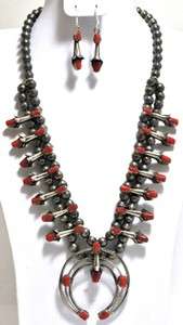 Navajo Coral Squash Blossom Sterling Necklace & Earrings Set   Lenore 