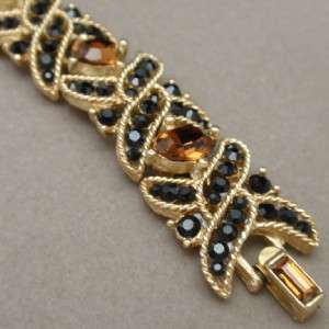 Trifari Set Bracelet Earrings Vintage Black & Topaz Rhinestones  